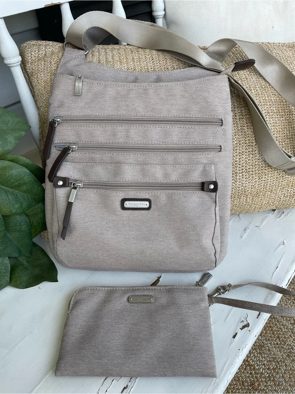 Baggallini Around Town Crossbody Messenger Taupe/Beige w/ RFID Phone Wristlet